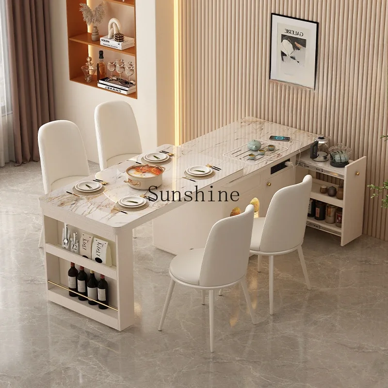 

Small apartment island dining table integrated telescopic household rock slab tea dining table