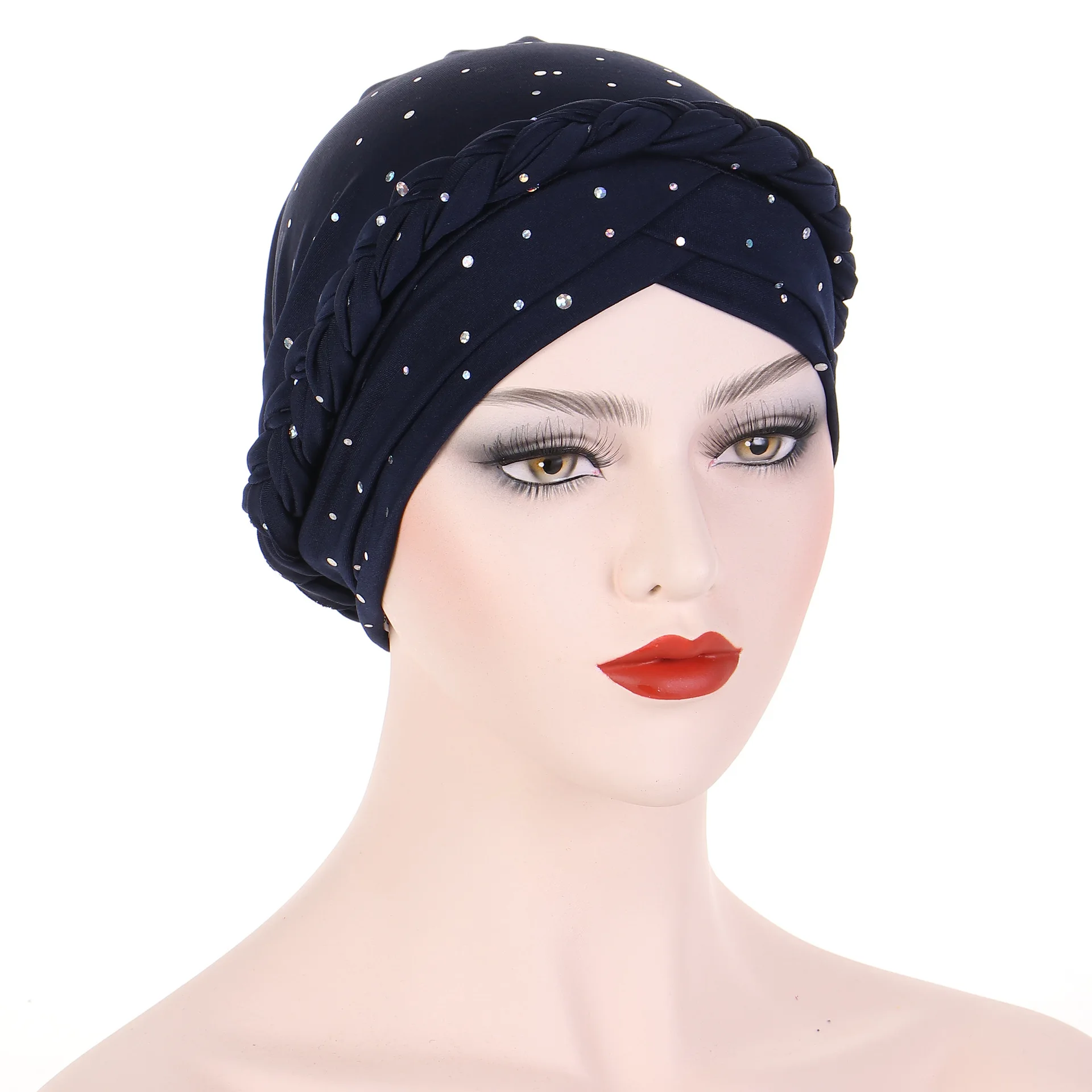 New multi-color sequined headscarf hat, solid color Muslim cap, braided headcap.