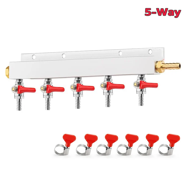 5-Way Co2 Gas Manifold Distributor, 5/16'' Barbed Beer Gas Splitter with 6 Pcs Hose Clamps,Homebrew Kegerator Gas Outlet Valve
