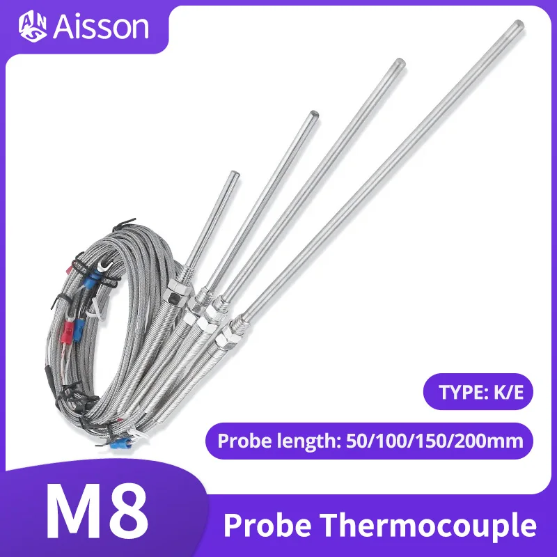 M8 Screw Probe Thermal Thermocouple 50mm 150mm 100mm 200mm K E J PT100 TYPE 1/2/3/4/5m Industrial Oven Temperature Sensor 0-400℃