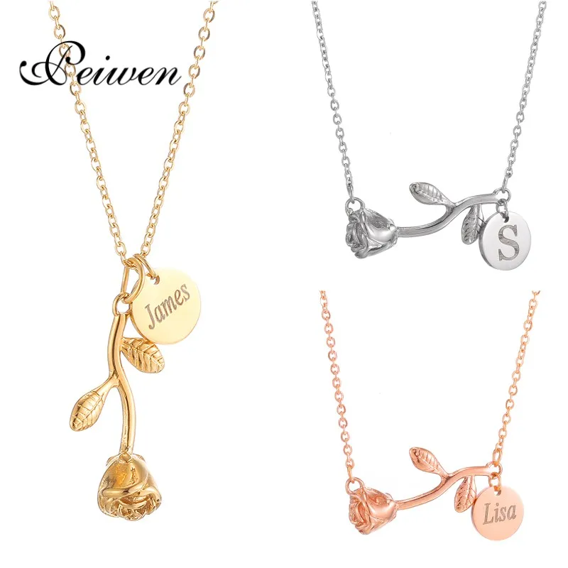 Personalized Rose Flower Necklace for Women 26 Letter Stainless Steel Rose Leaves Branch Jewelry Meaningful Gift for Girlfriend