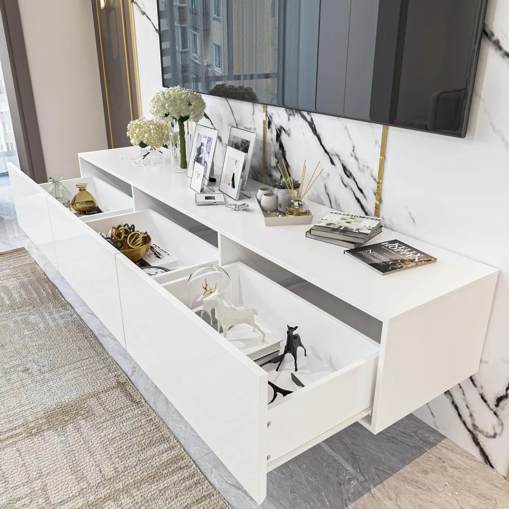 وحدة تحكم وسائط خشبية حديثة مثبتة على الحائط مع أضواء LED لأجهزة التلفاز حتى 70، مركز ترفيه بتصميم عائم #3