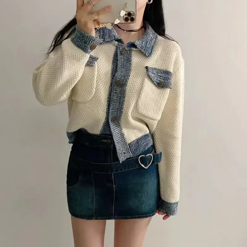 Chic Autumn Retro Lapel Double Pocket Contrast Color Patchwork All-Match Long sleeve Knit sweater Outerwear