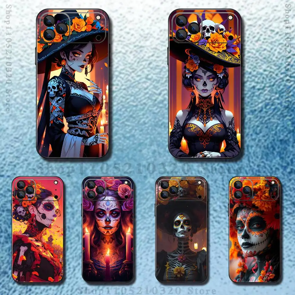 

Skull Girl Catrina Mexican Phone Case For iPhone 17,16,15,14,13,12,11,Pro,Max,Plus,E,SE4,Air,Mini Black Soft Funda
