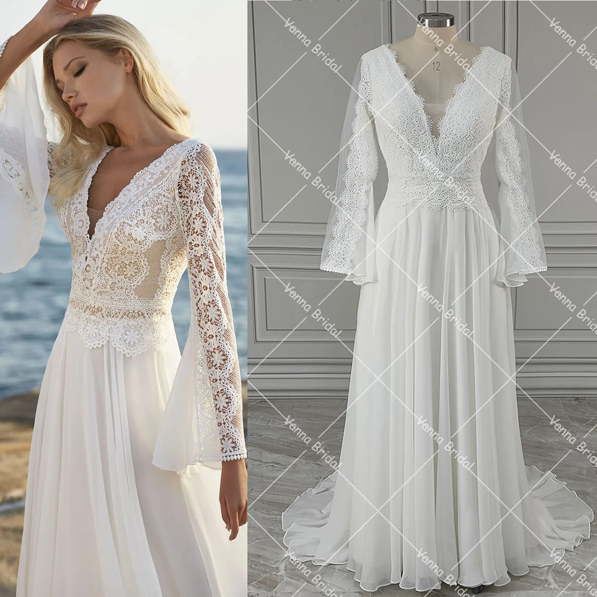 Boêmio seaside beach chiffon vestido de casamento longo bat slevees uma linha tamanho grande cortar laço com decote em v sem costas vestido de noiva