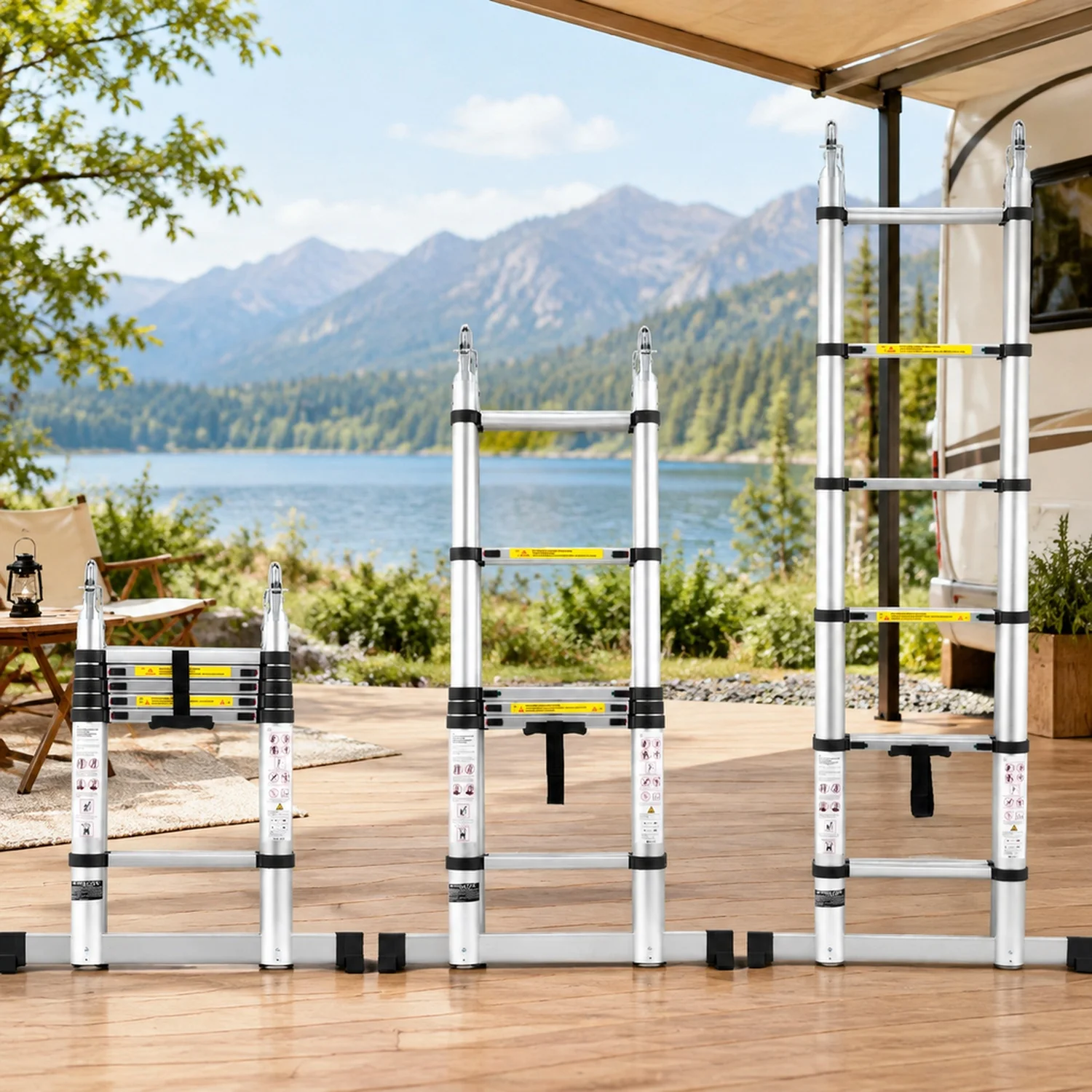 Telescoping Ladder, 12.5FT A-Shape Aluminum Extension Lightweight, Multi-button Retraction Collapsible, 375 LBS Capacity w