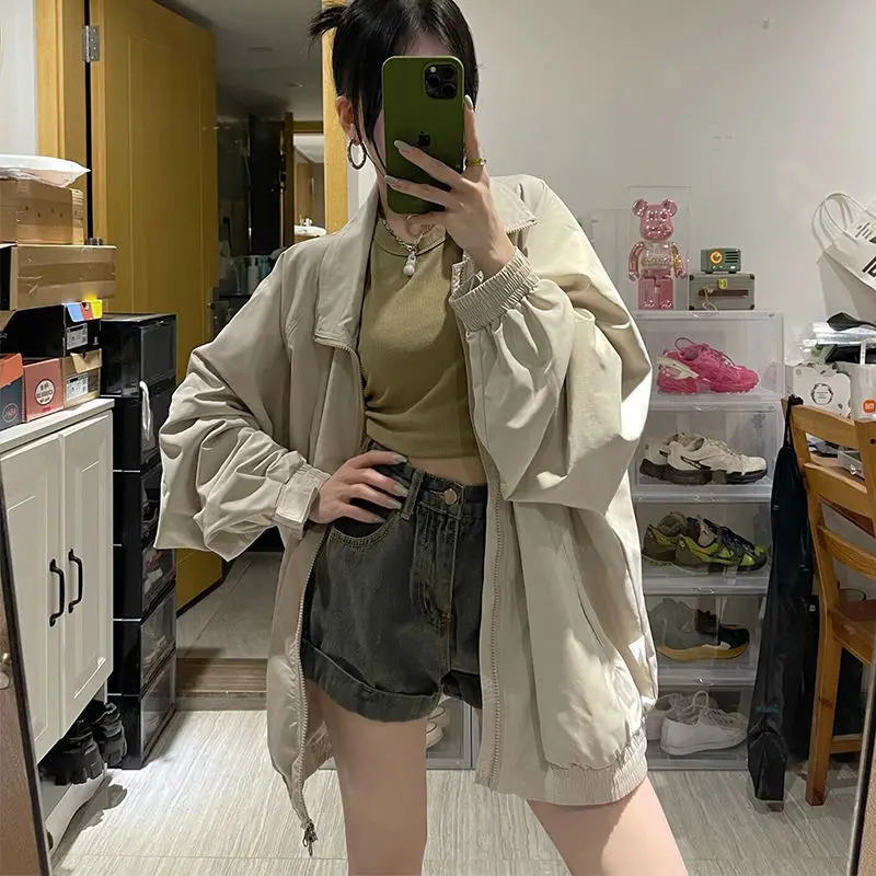 

Абрикосовые куртки женские повседневные универсальные базовые для отдыха простые винтажные корейские стильные куртки для колледжа популярная уличная одежда осенние мешковатые классические
