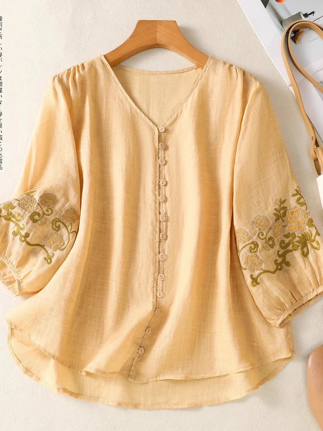 

Retro Chinese National Sle Women's Top Summer Flax Ethnic Embroidery Small irt V-ne Svel Loose Fit Casual Wear