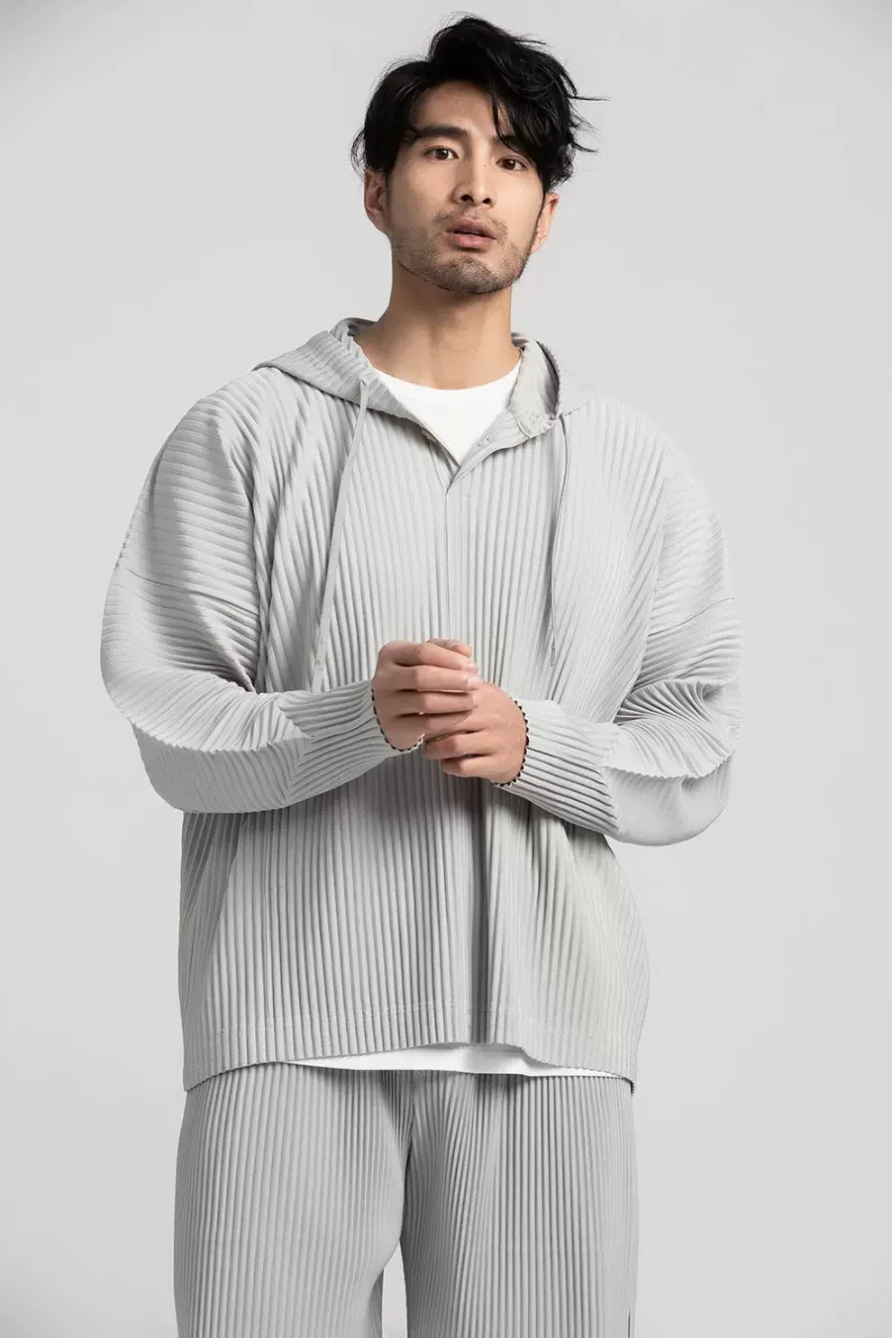 Miyake Pleated Hoodies For Men Breathable Loose Drawstring Casual Top