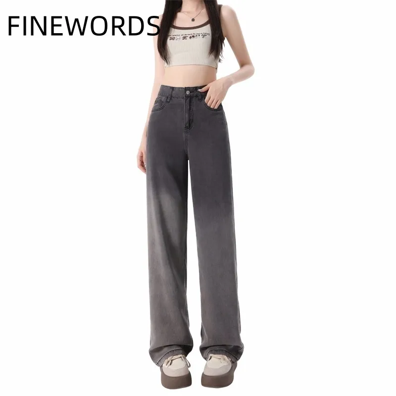 

FINEWORDS High Waist Loose Gradien Women Jeans Korean Casual Vintage Harajuku Washed Jean Full Length Wide Leg Denim Pants