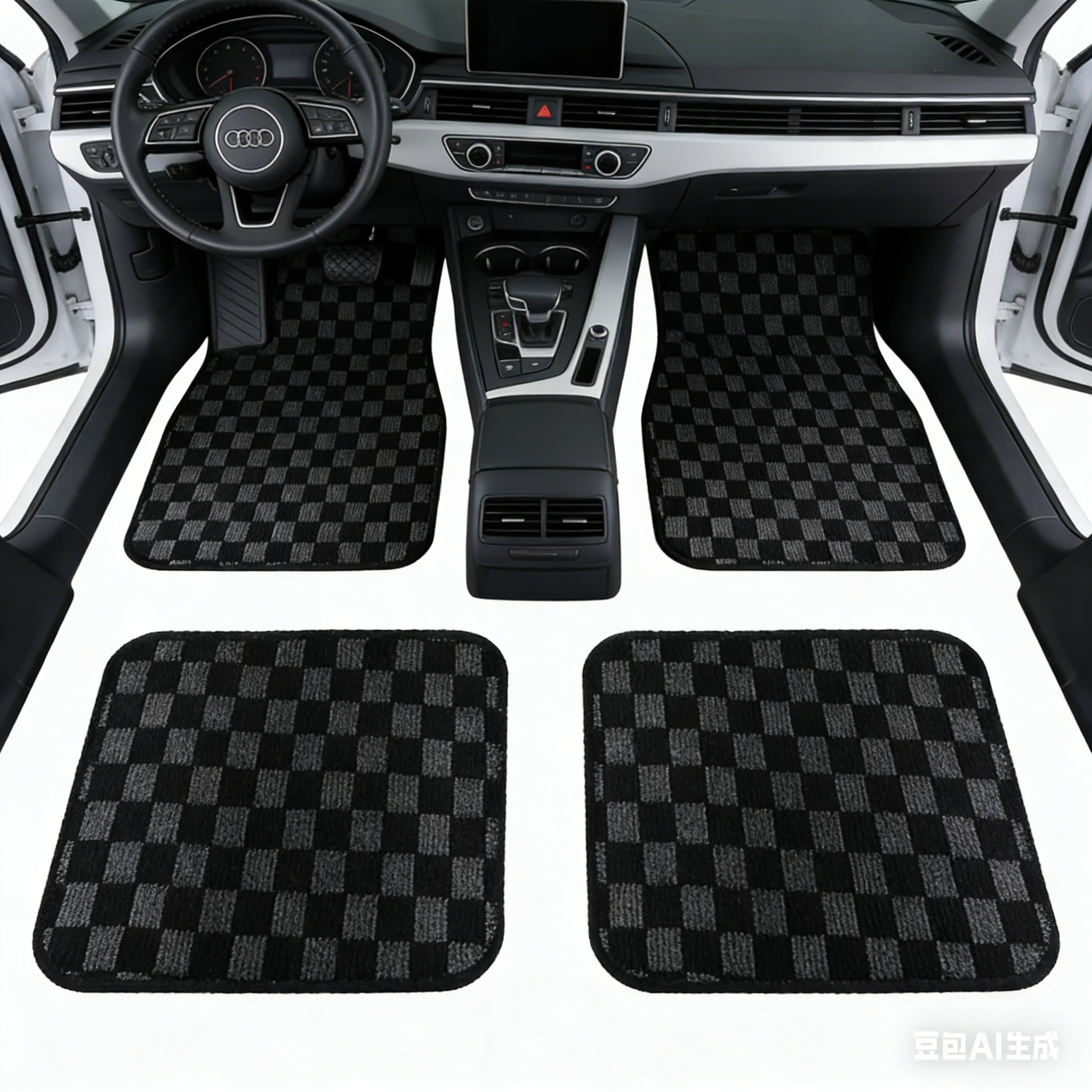 4pcs Checkered Floor Mats Front & Rear Anti-Slip Car Carpet Set Universal Fit Auto Interior Accessories