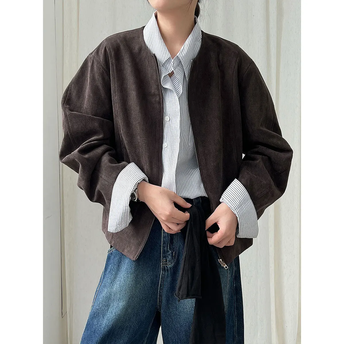 

Suede Jacket For Women Spring Autumn Round Neck Casual Elegant Jacket