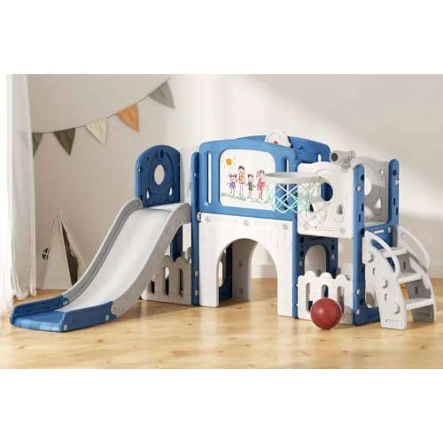

Blue 9 in 1 Toddler Slide Outdoor Playset with Climber Basketball Hoop Drawing Board and Storage Space for Indoor Outdoor Use A