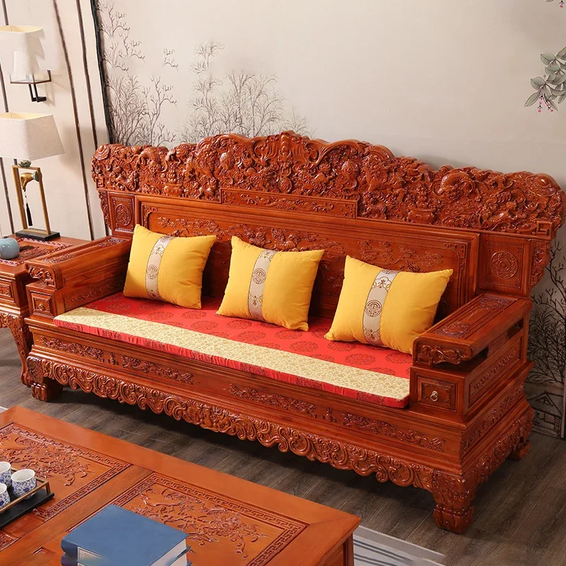 Chinese Ming and Qing classical full solid wood carving flower sofa combination home living room antique red pear wood villa liv