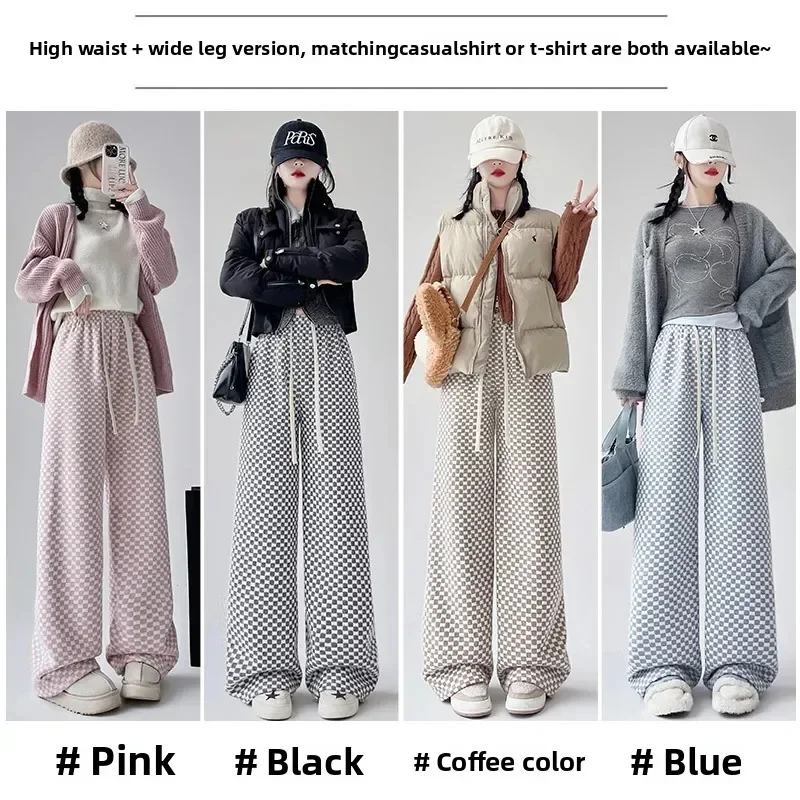 اضافية سميكة لامب المخملية منقوشة بنطال ذو قصة أرجل واسعة النساء شتاء جديد عالية الخصر فضفاضة المجهزة عادية مستقيم الطابق طول بنطلون