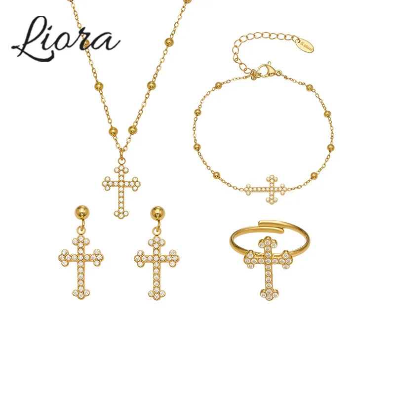 Liora Cubic Zirconia Cross Pendant Chain Necklaces Bracelets Rings Earrings for Women Stainless Steel Wedding Banquet Jewelry