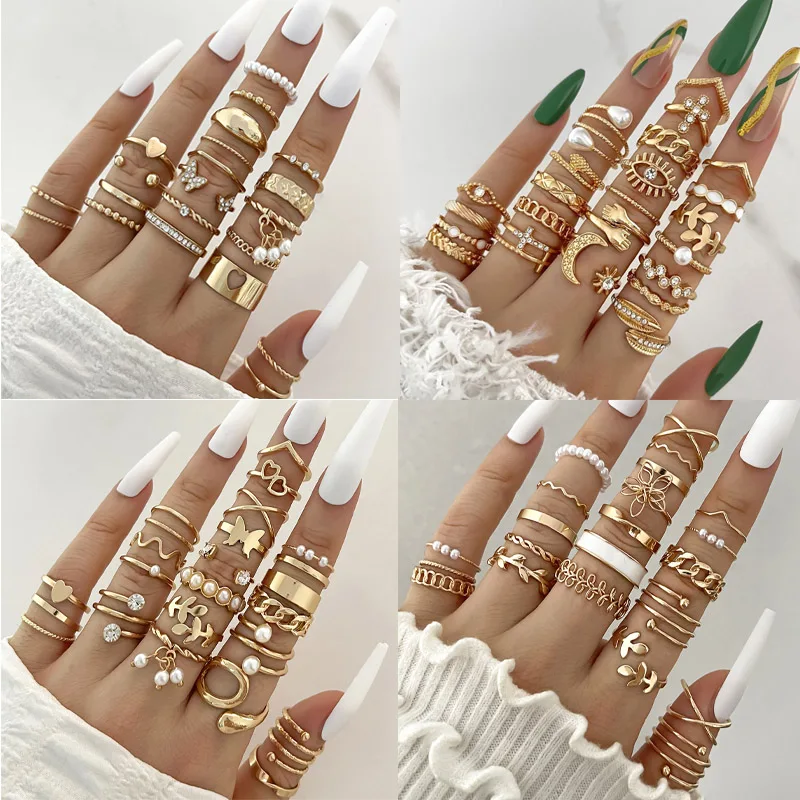 21Pcs Gold Color Heart Rings Set Women Vintage Cross Butterfly Pearl Geometric Hollow Ring Fashion Wedding Party Festival Gifts