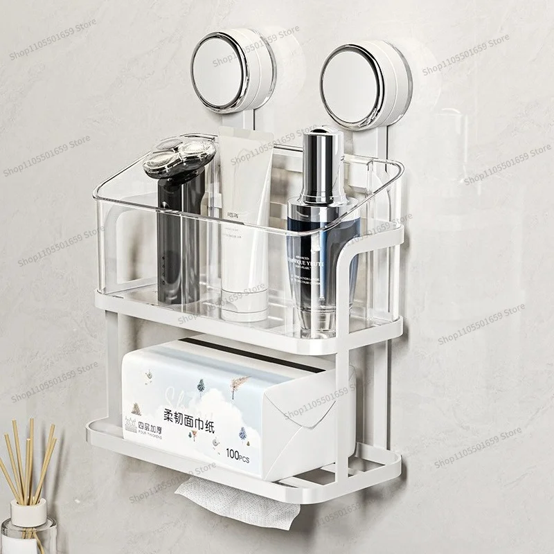 For  Punching Bathroom Cosmetics Storage Suction Cup Wall-mounted Wrought Iron with Tissue Box Storage Rack, Bathroom Rack