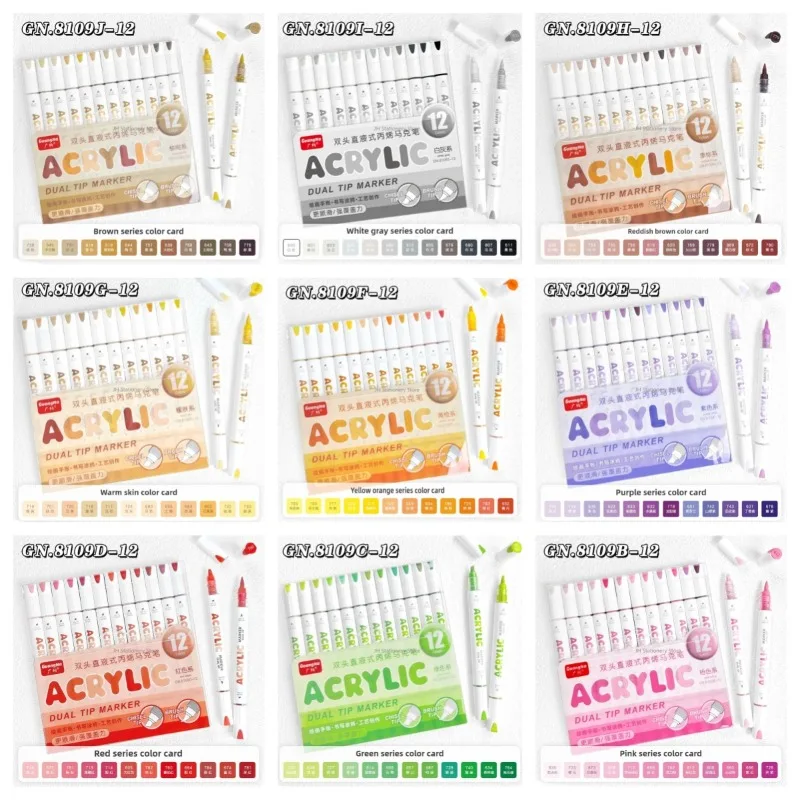 

GN 132/12 Colors Dual Tip Acrylic Markers Brush Chisel Soft Flexible Pen Overlay Coloring Art DIY School Supplies Stationery