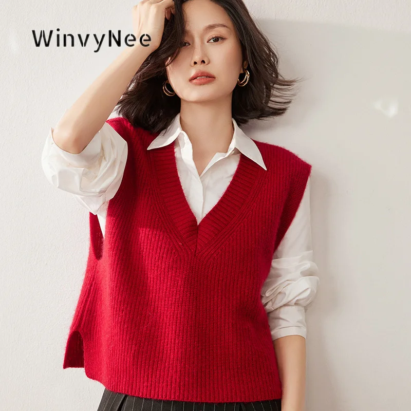 WinvyNee Women Cashmere V Neck Sleeveless Vest Rib Split Hem Retro Style Daily Match Soft Knitwear Urban Basic Layering C1044063