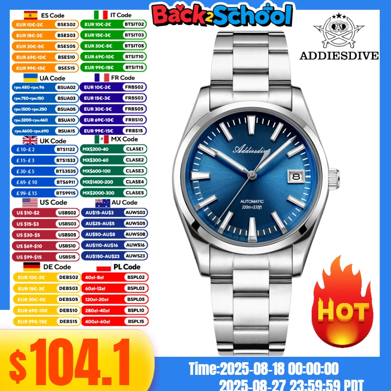 

ADDIESDIVE 39 мм AD2077 Мужские модные часы reloj hombre BGW9 Супер светящиеся 100 м Водонепроницаемые Япония NH35A Автоматические механические часы