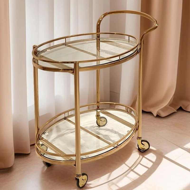 Light luxury commercial trolley restaurant household removable tea cabinet dining car oval stainless steel glass wine cart