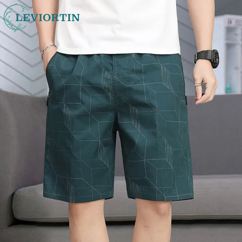 2025 Summer Chinese style shorts with printed men's zipper pocket five quarter pants, sporty loose fit oversized beach pants