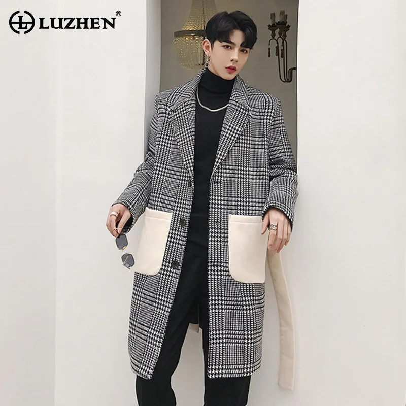 LUZHEN 2026 New Plaid Printed Color Contrast Splicing Design Trench Coat Men's Fashion Handsome Belt Decorate Windbreaker JY9413