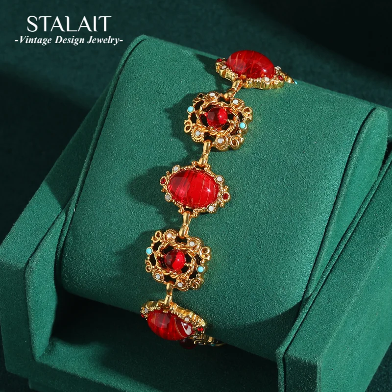 

Vintage Gold Color Red Crystal Bracelet For Women Natural Stone Oval Colorful Rhinestones Round Antique Jewelry Accessories 2025