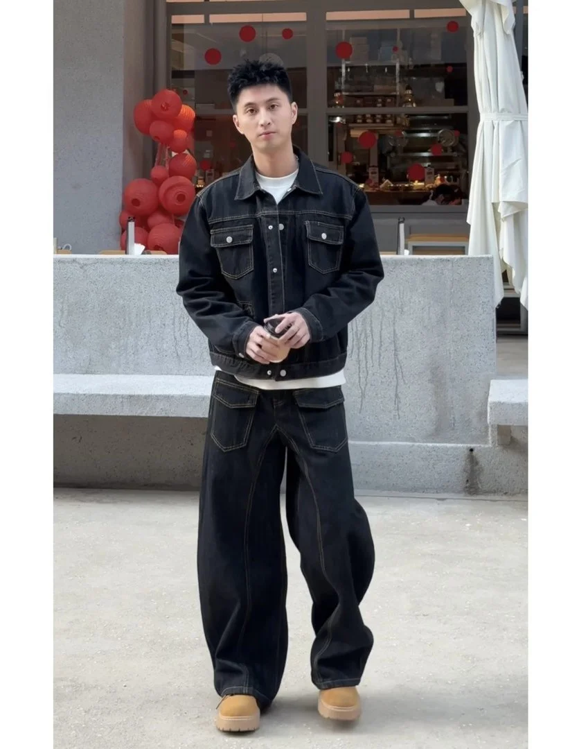 

Retro American Waed Denim Jaet And Pants Set for Men Loose Straight Multi-ket Spring Two-Piece Set Cotton Polyester Blend