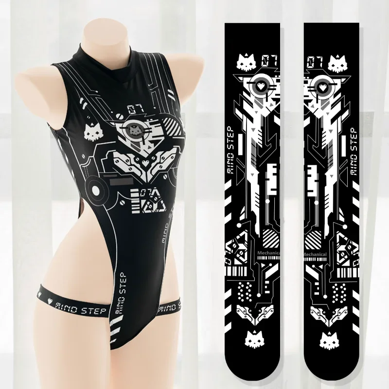 Anime Game Cyber Machines Vrouwen Cosplay Kostuum Kat Mouwloze Mecha Halter Hollow Uit Been Ring Persoonlijkheid Jumpsuits Badpak