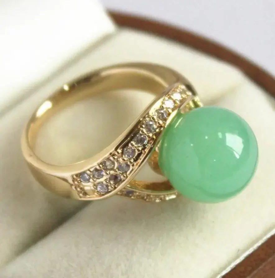 cute lady's 18KGP with crystal decorated &12mm light green jade ring(#7 8 9 10)