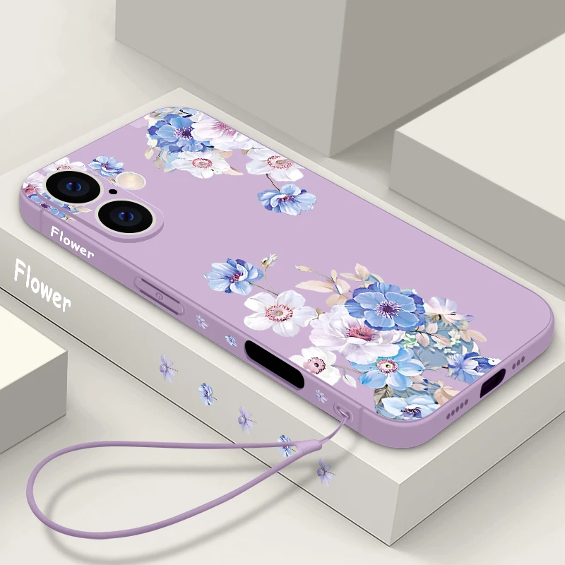 Blaue Blumen Silikon Soft Case für iPhone 16 15 Pro Max 14 15 Plus 13 12 14 Pro 11 Luxus stoßfeste Lanyard Telefon Abdeckung Fundas