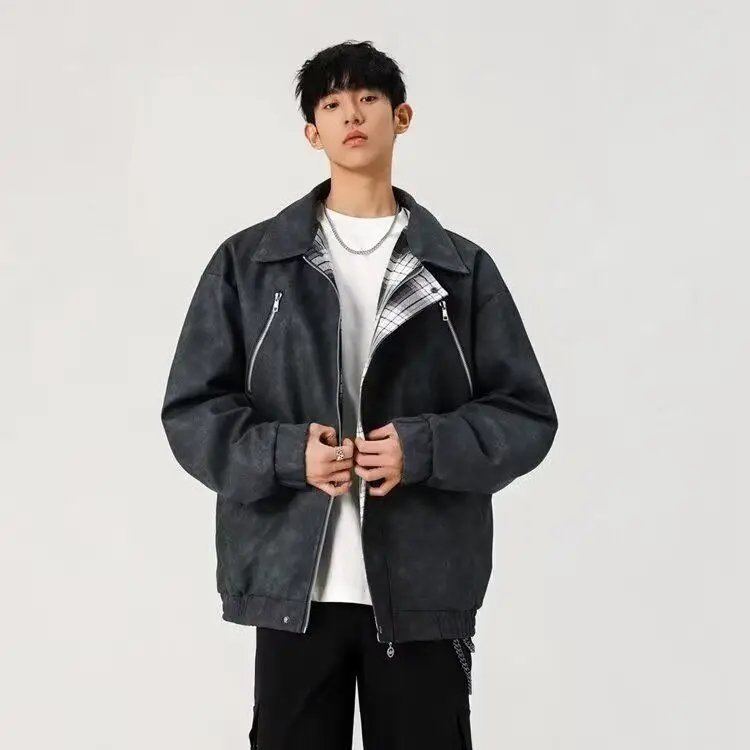 

Double-Sided Wear Plaid PU Leather Jaet Loose Fit Collar Men's Faion Autumn Winter Coat Casual Sle Windproof Polyester