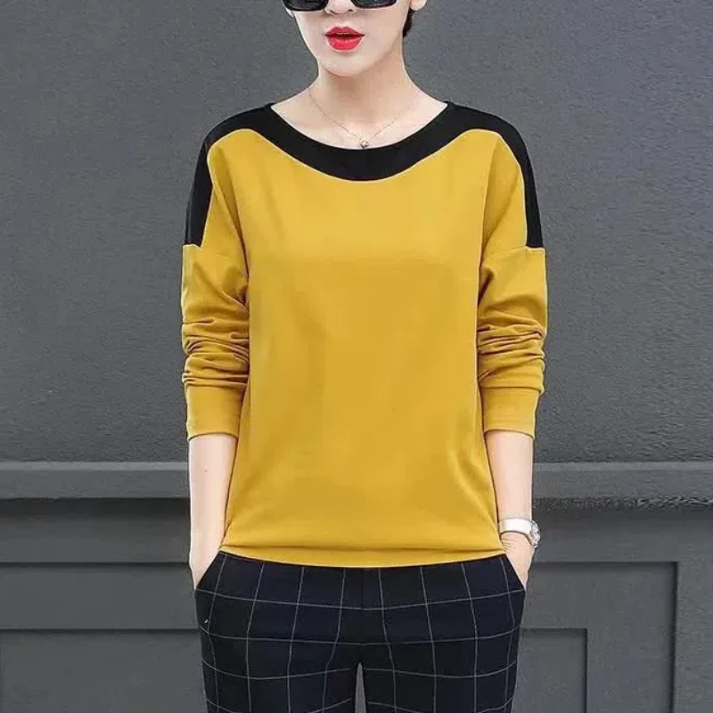 Nuova primavera e autunno donna Splicing contrasto colore o-collo manica lunga sciolto sottile classico pullover Trendy comodi top