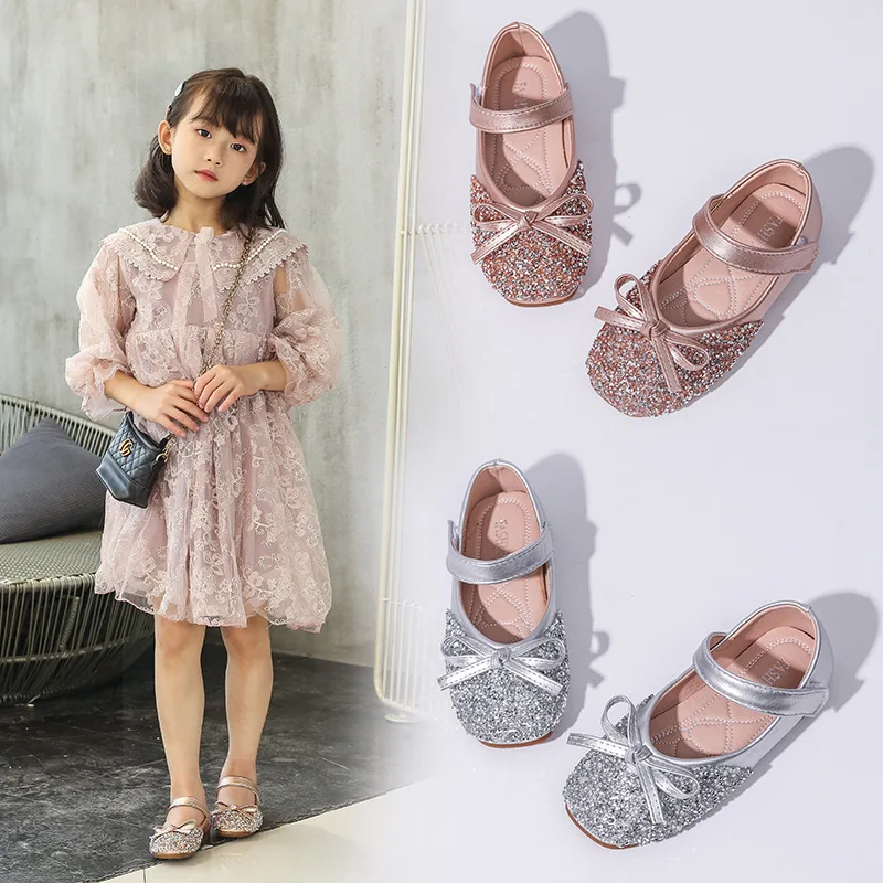 Kids Leather Shoe Spring Autumn Elegant Girls Party Shoes Fashion Sequins Bowtie Children Princess Shoes for Wedding Shallow