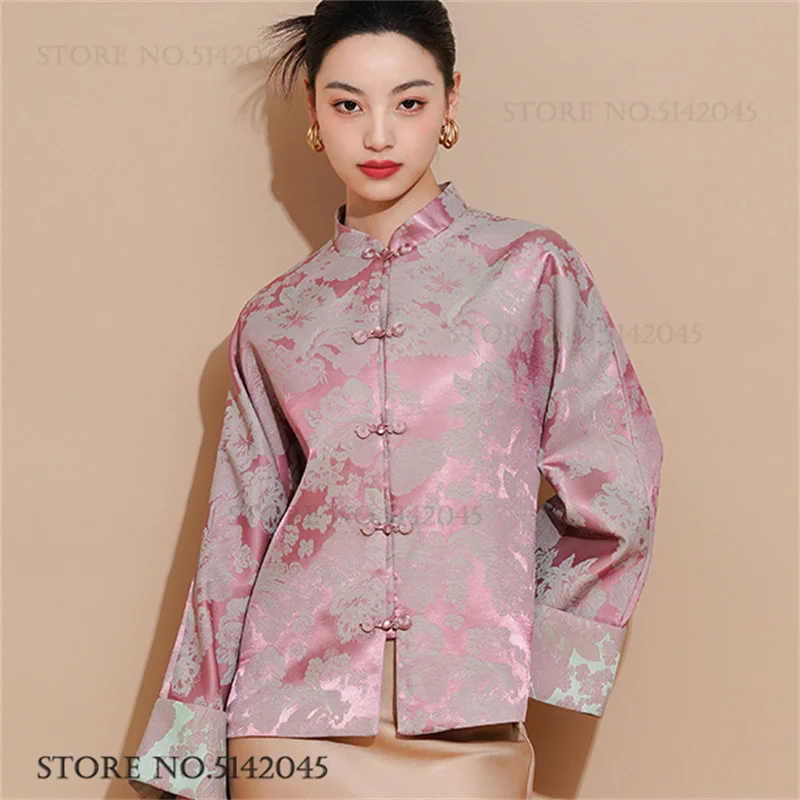 New Chinese Style Women Pink Brocade Jacquard Coat Contrast Cuff Floral Print Frog Knot Long Sleeve Loose Retro Jacket