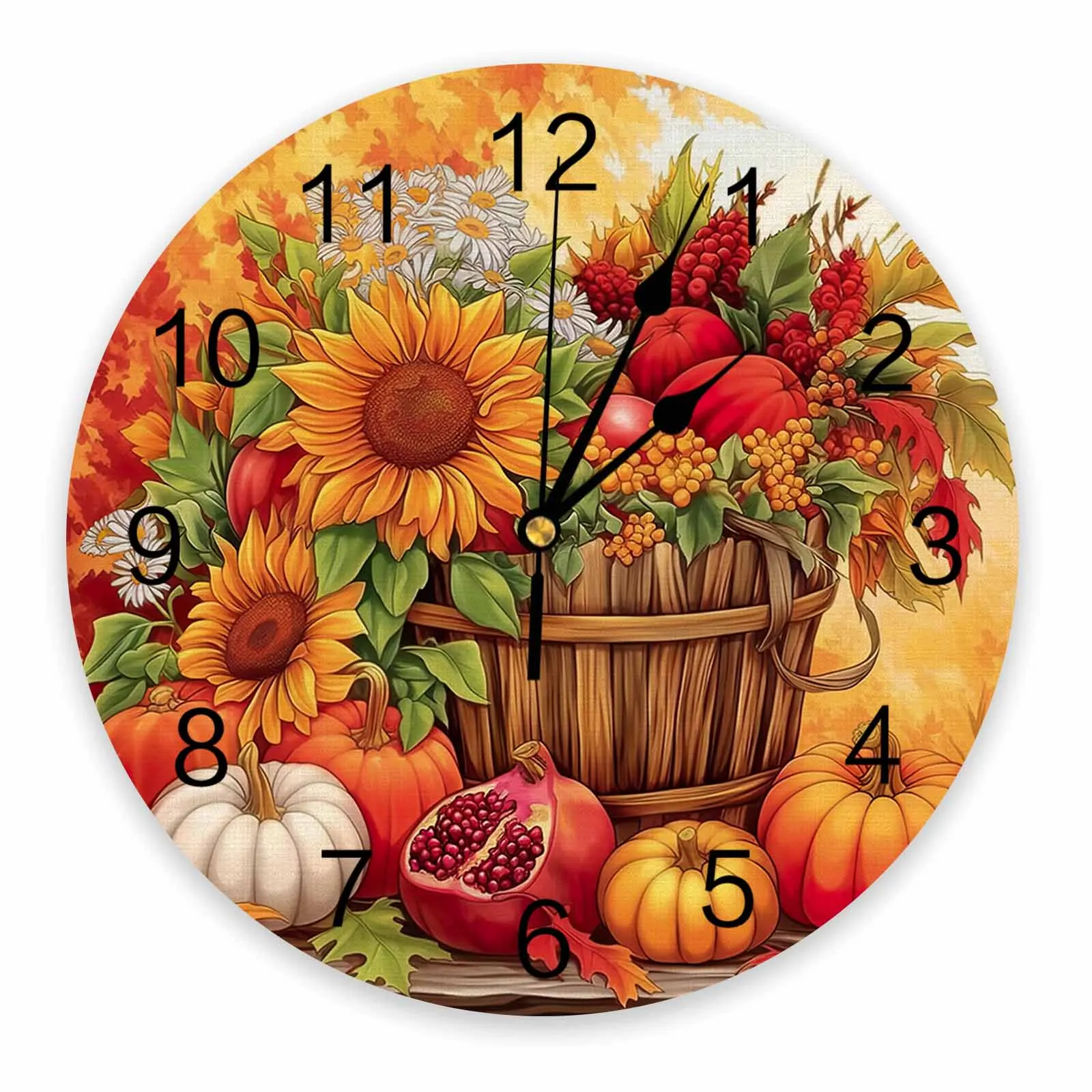 Sunflower Pumpkin Maple Leaves Printed Wall Clock Modern Silent Clock Living Room Home Decor Wall Hanging Watch