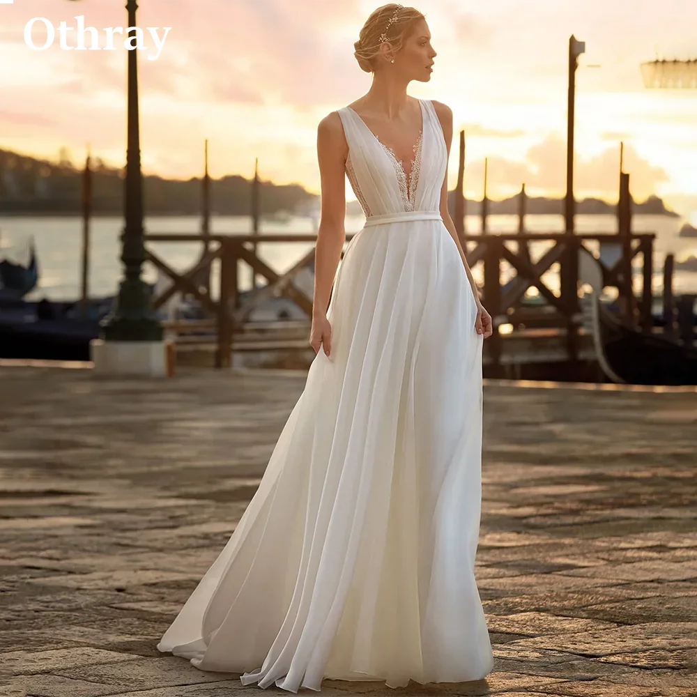 

Othray Elegant A Line Wedding Dresses Deep V Neck Lace Full Back Chiffon Boho Bridal Gowns Vestido De Novia Outdoor Marriage