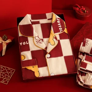 Disney winnie the pooh outono e inverno vermelho ano novo dos desenhos animados pijamas femininos xadrez emenda lapela cardigan loungewear conjunto 8 principais vendas pijama do pooh - №8
