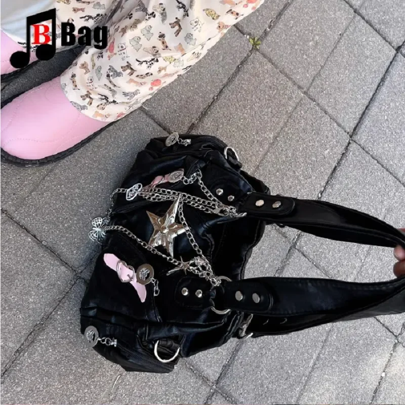 Y2K Gothic Women's Lolita Spicy Girls Punk One Shoulder Handbags Harajuku Soft Leather Chain Locomotive Diagonal Span Bag Totes