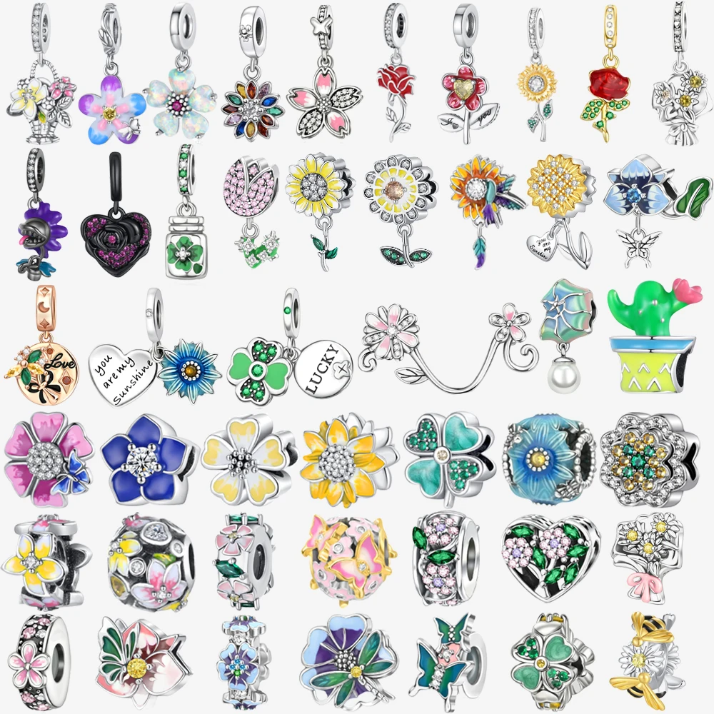 

Flower Plant 925 Sterling Silver Carnation Tulip Daisy Rose Clover Dangle Charms Fit Original Bracelet Beads Jewelry DIY Gift