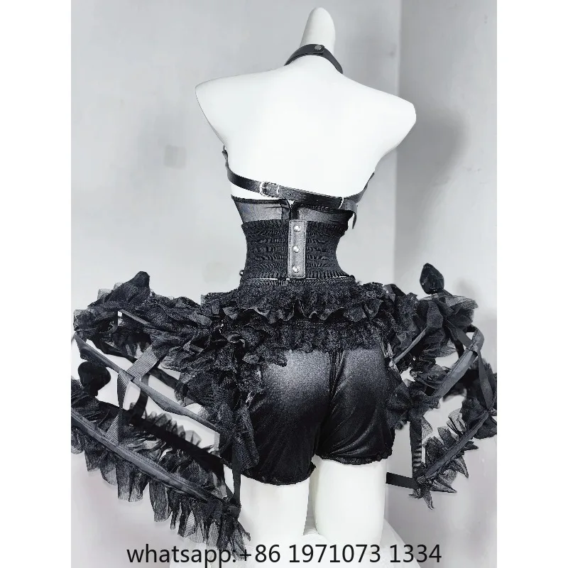 Dark Style Goth Metal Chain Waist Rose Feather Embroidered Tube Top Y2k Women Summer Thin Lace Pleated Shorts Black Skirt Sets