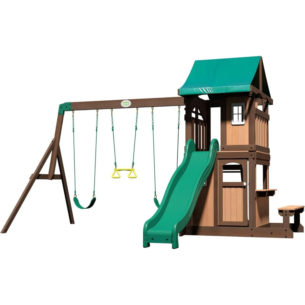 Lakewood Cedar Wood Swing Set, Covered Upper Deck with White Trim Window,  Lower Fort Area with Door and Attached Bench