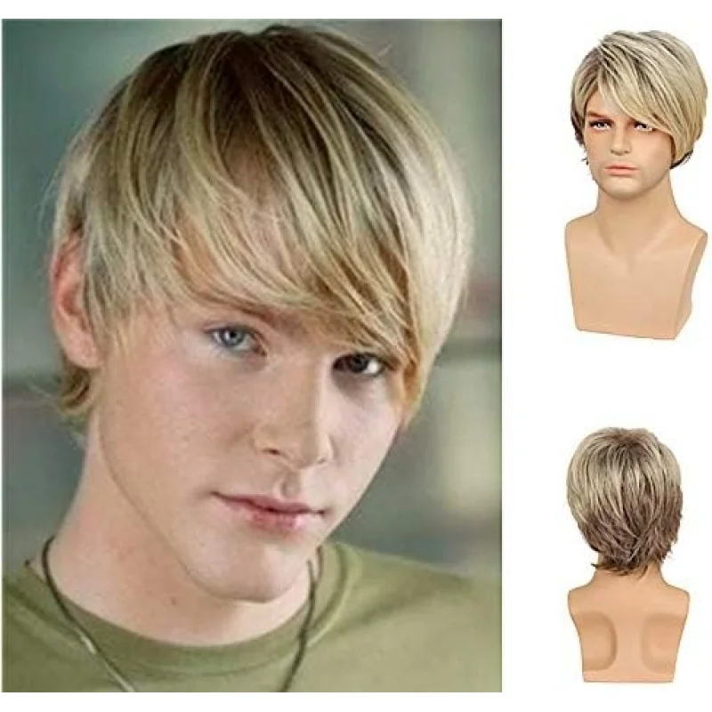 

Мужской короткий многослойный светлый парик из синтетического термостойкого материала для косплея, Хэллоуина и вечеринок, с шапочкой для парика