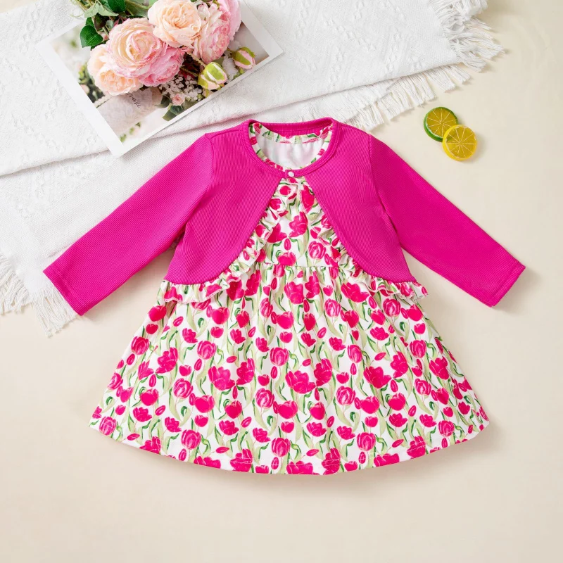 

2025New Spring and Autumn Clothing Girls' Suit2Set of Tulip Print Sleeveless Dress and Long Sleeve Jacket Wholesale