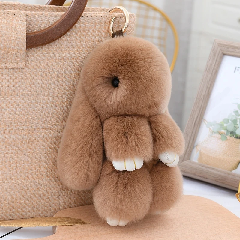 Fluffy Cute Bunny 18CM Real Fur Keychain Rex Rabbit Pom Pom Gift Toy Doll Women Bag Pendant Charm Car Key Keyring Metal ring