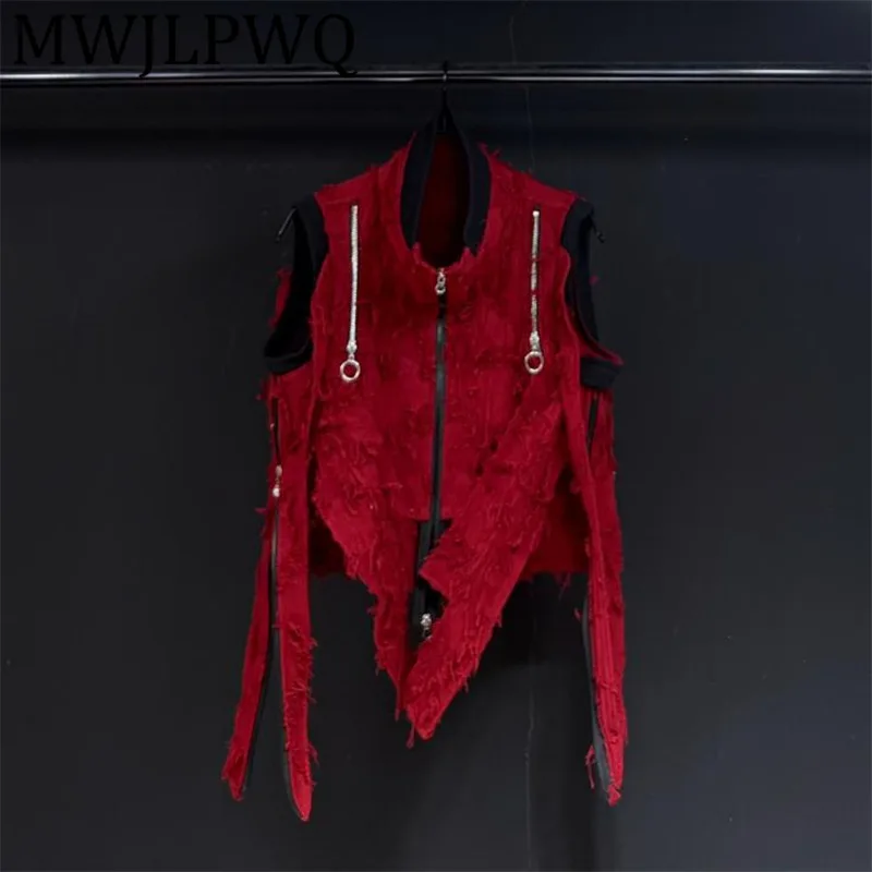

MWJLPWQ Metal Zipper Design 2025 New Loose Casual Red Vest For Men Stand Collar Autumn New Sleeveless Unisex Casual Tops 12404