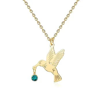 12 Months Birthstone Hummingbird Pendant Necklace Gold Plated Stainless Steel Bird…