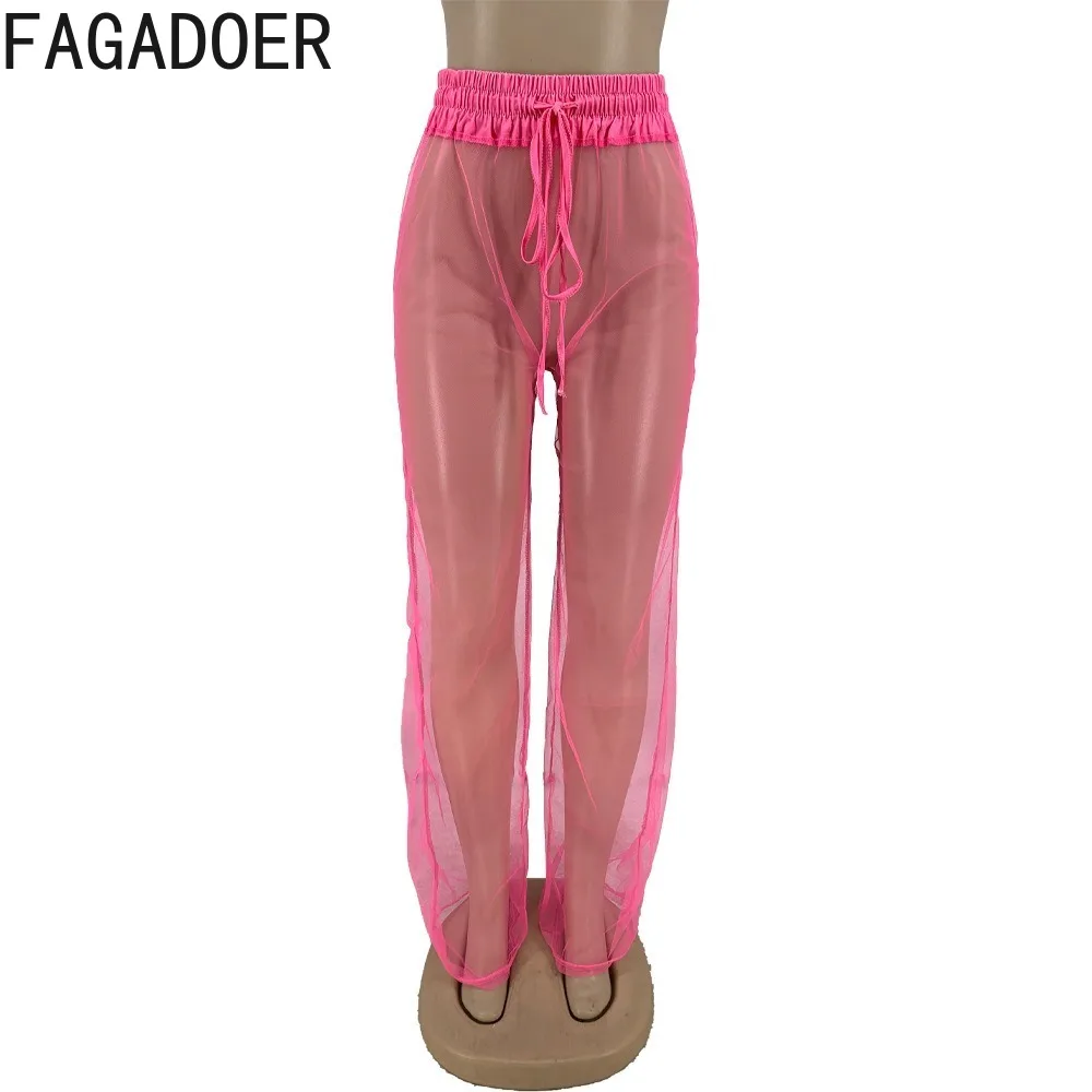 FAGADOER Mesh High Waist Casual Women's Pants Solid Color See Through Sexy Loose Wide Leg Pants Comfortable Beach Streetwear